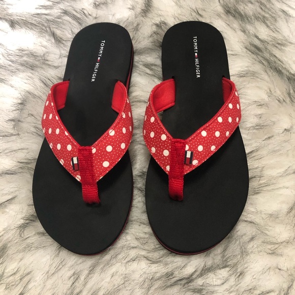 Tommy Hilfiger Red Polka Dot Flip Flops Size 7 - Picture 2 of 5